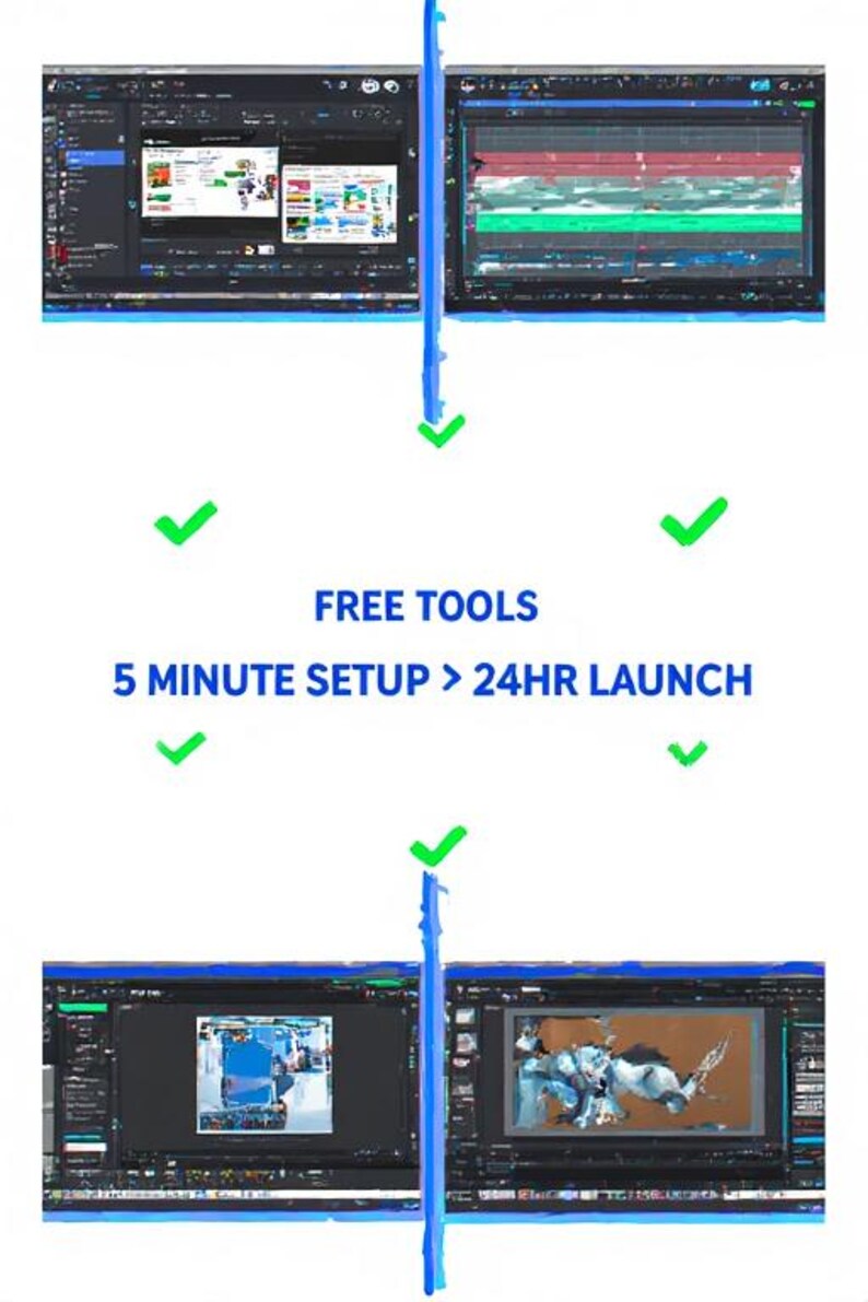 May include: Image of two computer screens displaying video editing software interfaces. The text "FREE TOOLS" and "5 MINUTE SETUP > 24HR LAUNCH" is also visible. Green checkmarks and blue lines are also present.