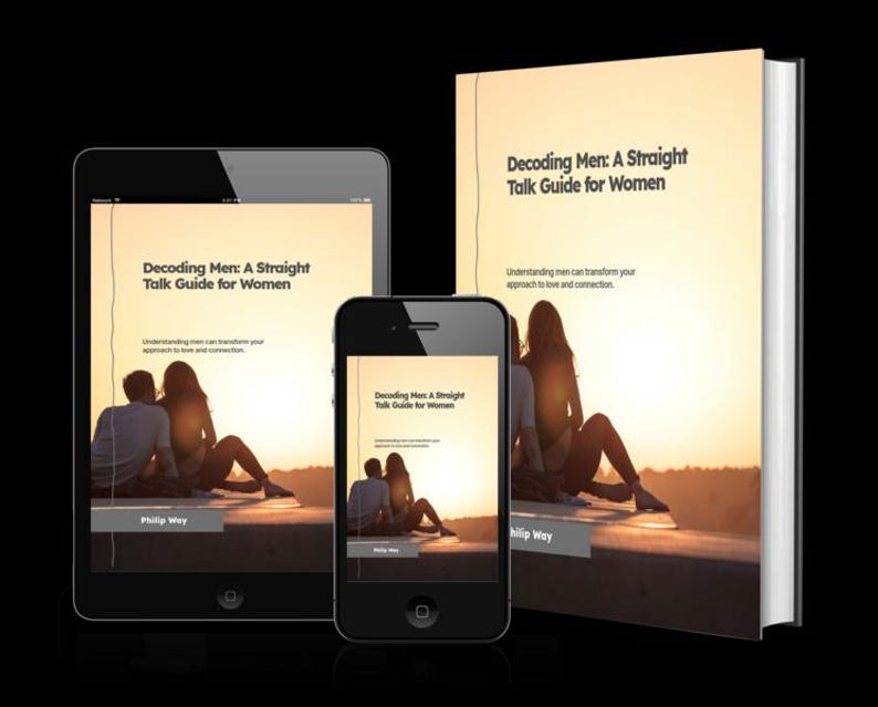 May include: Image of a book, tablet, and smartphone displaying the cover of "Decoding Men: A Straight Talk Guide for Women." The cover features a couple silhouetted against a sunset. The book's title and author are visible.