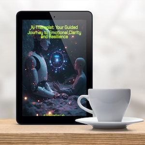 May include: A digital tablet displays the text "AI Therapist: Your Guided Journey to Emotional Clarity and Resilience" with an illustration of a robot and a person. A white teacup and saucer sit on a wooden surface.