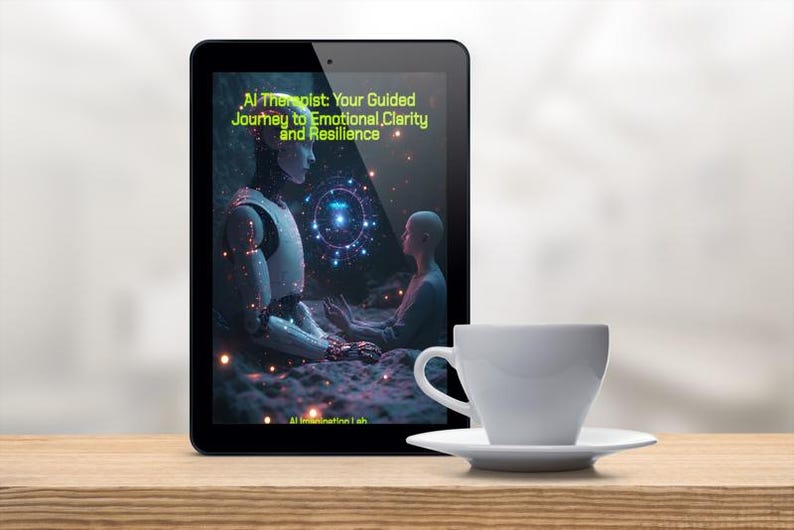 May include: A digital tablet displays the text "AI Therapist: Your Guided Journey to Emotional Clarity and Resilience" with an illustration of a robot and a person. A white teacup and saucer sit on a wooden surface.