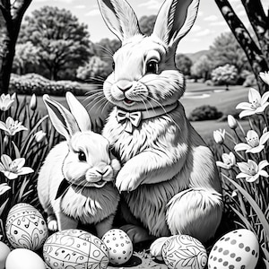 May include: Two white rabbits, one wearing a bow tie, sit amongst a bed of white flowers and decorated Easter eggs.