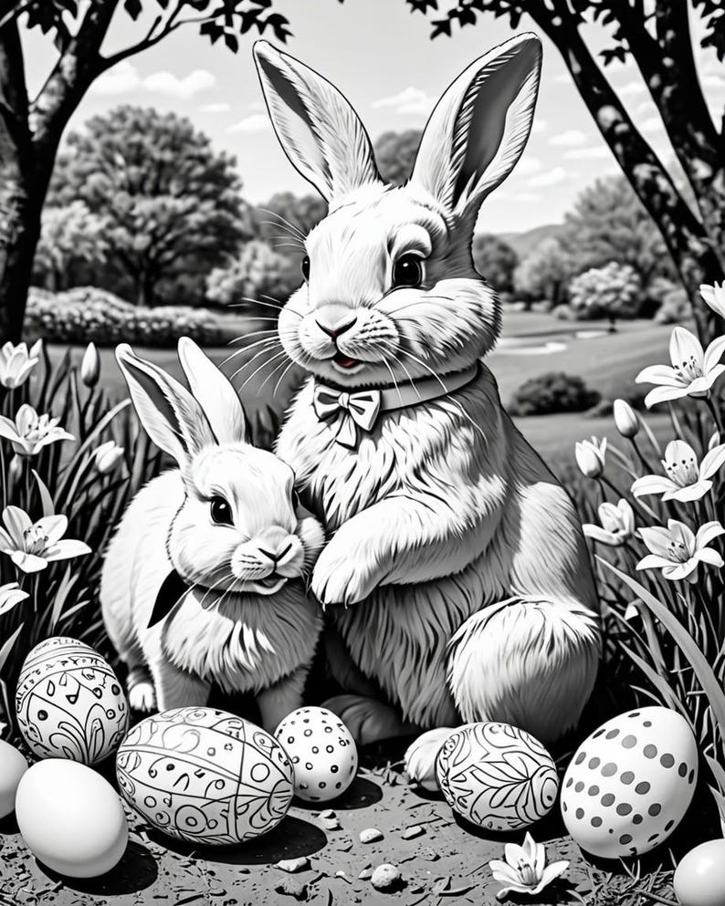 May include: Two white rabbits, one wearing a bow tie, sit amongst a bed of white flowers and decorated Easter eggs.