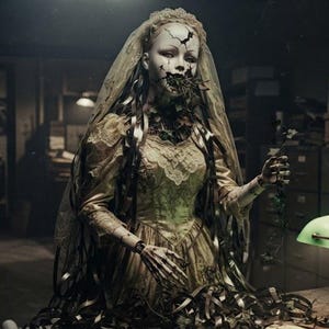 May include: A pale, cracked-face doll wearing a vintage-style cream lace wedding dress and a veil. The doll has long, dark, flowing ribbons cascading from its head and mouth, with skeletal-like hands reaching out in a dimly lit, office-like setting.