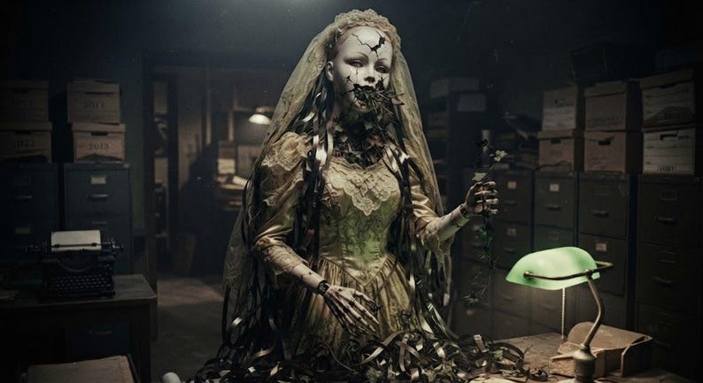 May include: A pale, cracked-face doll wearing a vintage-style cream lace wedding dress and a veil. The doll has long, dark, flowing ribbons cascading from its head and mouth, with skeletal-like hands reaching out in a dimly lit, office-like setting.