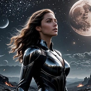May include: A woman in a black, futuristic suit stands against a dark, starry sky with a large, bright moon in the background. The woman has long, flowing brown hair and is looking up at the moon.