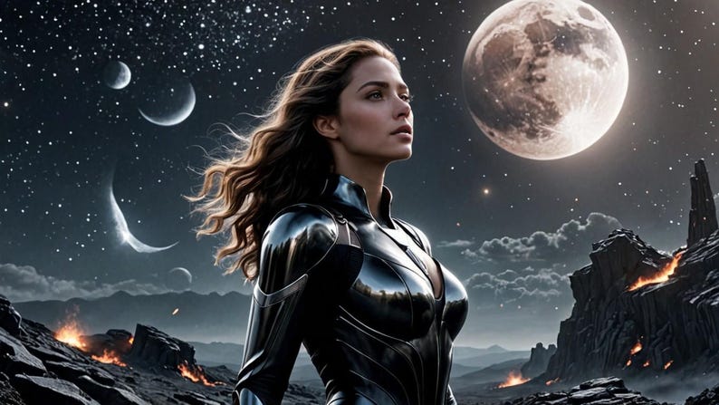 May include: A woman in a black, futuristic suit stands against a dark, starry sky with a large, bright moon in the background. The woman has long, flowing brown hair and is looking up at the moon.