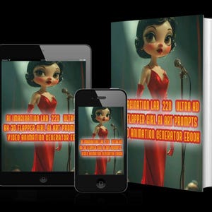 Op de afbeelding: Een ebook en twee elektronische apparaten tonen dezelfde afbeelding van een cartoon flapper girl in een rode jurk. De ebook-cover en de apparaten tonen de tekst "AI IMAGINATION LAB 220 ULTRA HD FLAPPER GIRL AI ART PROMPTS VIDEO ANIMATION GENERATOR EBOOK."