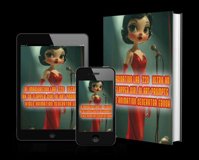 Op de afbeelding: Een ebook en twee elektronische apparaten tonen dezelfde afbeelding van een cartoon flapper girl in een rode jurk. De ebook-cover en de apparaten tonen de tekst "AI IMAGINATION LAB 220 ULTRA HD FLAPPER GIRL AI ART PROMPTS VIDEO ANIMATION GENERATOR EBOOK."