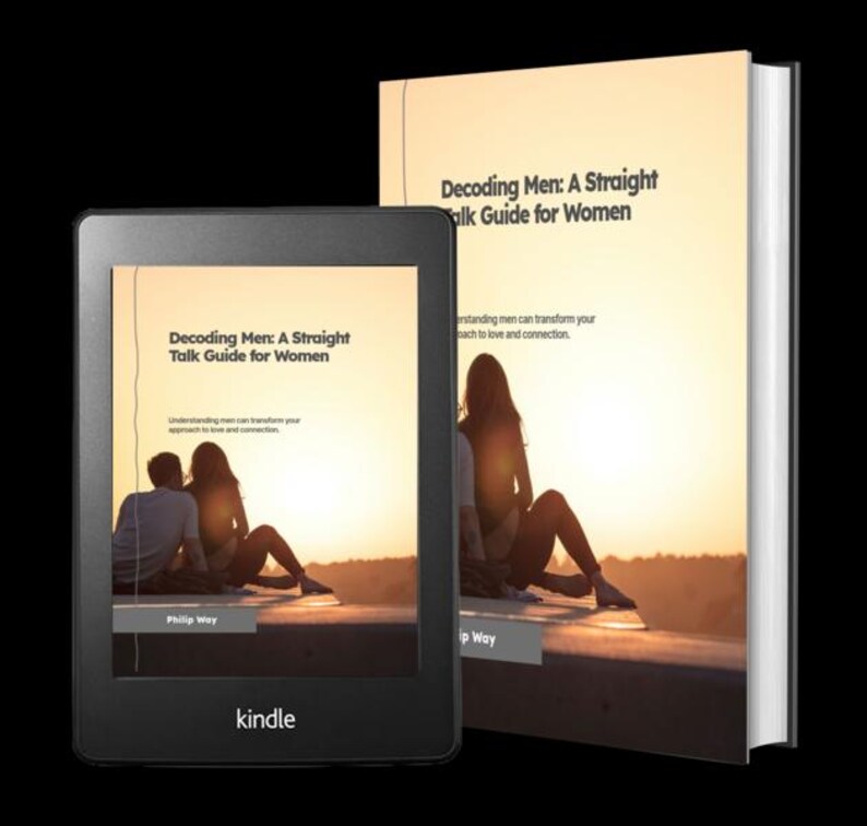 May include: A Kindle e-reader and a hardcover book titled "Decoding Men: A Straight Talk Guide for Women." The book cover and e-reader display a sunset image with two figures. The Kindle is black, and the book has a white spine.