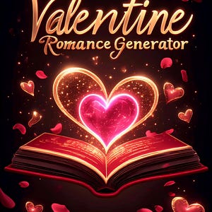 Op de afbeelding: Een digitale illustratie van een boek met een gloeiend hart en de woorden "AI Valentine Romance Generator". Rode rozenblaadjes en harten zweven rond het boek. De tekst onderaan luidt "Endless Love Poems, Swoon Lines, Date Nights."