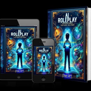 Könnte beinhalten: Ein illustriertes Buchcover und digitale Geräte zeigen den Titel "AI Roleplay Adventures: Step Into The Story". Das Cover-Artwork zeigt ein Kind mit einem leuchtenden Tablet, umgeben von Fantasy-Elementen. Der Autor ist Chat GPT.