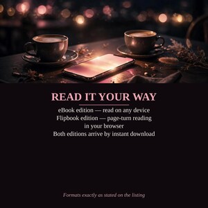 K&ouml;nnte beinhalten: Zwei Keramik-Kaffeetassen auf Untertassen und ein Smartphone auf einem dunklen Tisch. Der Text lautet: READ IT YOUR WAY, eBook edition &mdash; read on any device, Flipbook edition &mdash; page-turn reading in your browser, Both editions arrive by instant download.