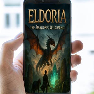 Op de afbeelding: Een smartphone toont de cover van "Eldoria: The Dragon's Reckoning". De fantasie-illustratie toont een draak, een figuur met een zwaard, een paard en een gloeiend kristal. De titel is in gouden letters.
