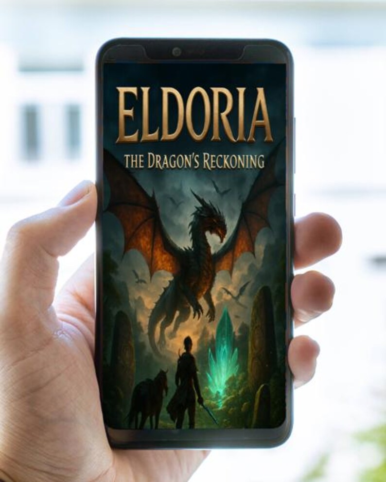 Op de afbeelding: Een smartphone toont de cover van "Eldoria: The Dragon's Reckoning". De fantasie-illustratie toont een draak, een figuur met een zwaard, een paard en een gloeiend kristal. De titel is in gouden letters.