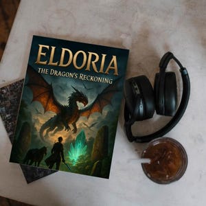 Op de afbeelding: Een boek getiteld "Eldoria: The Dragon's Reckoning" met een drakenillustratie, zwarte koptelefoon en een glas ijskoffie op een witte tafel. De boekomslag toont een draak, een figuur met een zwaard en een gloeiend kristal.