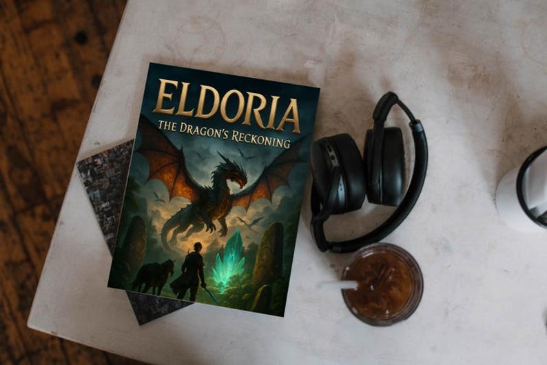 Op de afbeelding: Een boek getiteld "Eldoria: The Dragon's Reckoning" met een drakenillustratie, zwarte koptelefoon en een glas ijskoffie op een witte tafel. De boekomslag toont een draak, een figuur met een zwaard en een gloeiend kristal.
