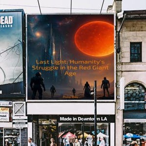 May include: A street scene with a large billboard featuring a sci-fi image of a red planet and figures. The billboard text reads "Last Light: Humanity's Struggle in the Red Giant Age." Below, a storefront says "Made in Downtown LA."