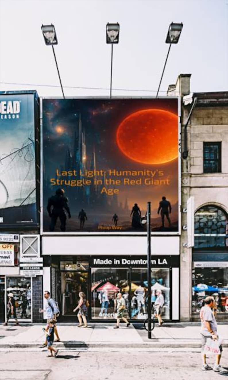 May include: A street scene with a large billboard featuring a sci-fi image of a red planet and figures. The billboard text reads "Last Light: Humanity's Struggle in the Red Giant Age." Below, a storefront says "Made in Downtown LA."