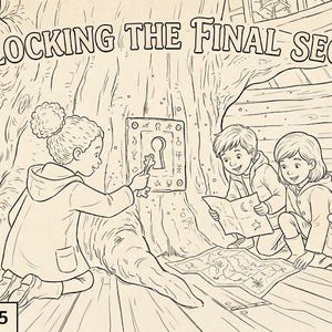 Puede incluir: Una p&aacute;gina para colorear en blanco y negro titulada UNLOCKING THE FINAL SECRET! con tres ni&ntilde;os y un perro en una casa del &aacute;rbol. Un ni&ntilde;o sostiene una llave ante una cerradura en el &aacute;rbol, mientras otros miran un mapa. Abajo dice COLORING PAGE 5.