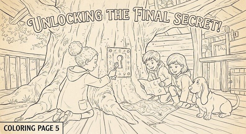 Puede incluir: Una p&aacute;gina para colorear en blanco y negro titulada UNLOCKING THE FINAL SECRET! con tres ni&ntilde;os y un perro en una casa del &aacute;rbol. Un ni&ntilde;o sostiene una llave ante una cerradura en el &aacute;rbol, mientras otros miran un mapa. Abajo dice COLORING PAGE 5.