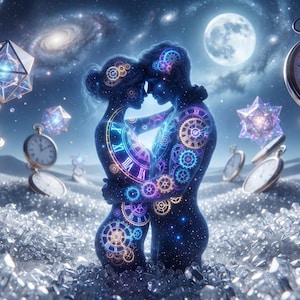 May include: Two figures stand in an embrace, their bodies filled with glowing clockwork gears and celestial patterns. They are surrounded by floating pocket watches and geometric crystal shapes against a backdrop of a moonlit starry galaxy.