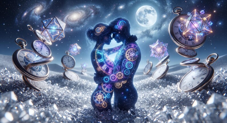 May include: Two figures stand in an embrace, their bodies filled with glowing clockwork gears and celestial patterns. They are surrounded by floating pocket watches and geometric crystal shapes against a backdrop of a moonlit starry galaxy.