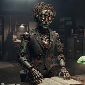 May include: A humanoid robot with a weathered, teal-patina finish wearing a pinstriped blazer. The robot features exposed gears on its head, glowing circular eyes, and a visible mechanical heart. It stands at a desk with an open book and a green lamp.