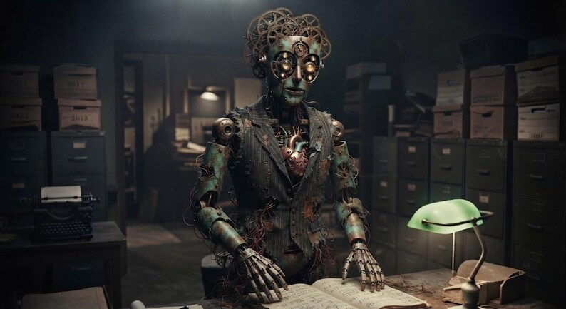 May include: A humanoid robot with a weathered, teal-patina finish wearing a pinstriped blazer. The robot features exposed gears on its head, glowing circular eyes, and a visible mechanical heart. It stands at a desk with an open book and a green lamp.