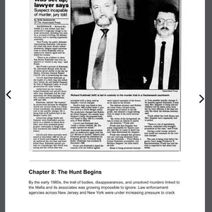 May include: A black and white newspaper cutting with the headline "Kuklinski was set up, lawyer says." The image shows two men in suits, one with a beard and the other with glasses. Text details a murder trial.