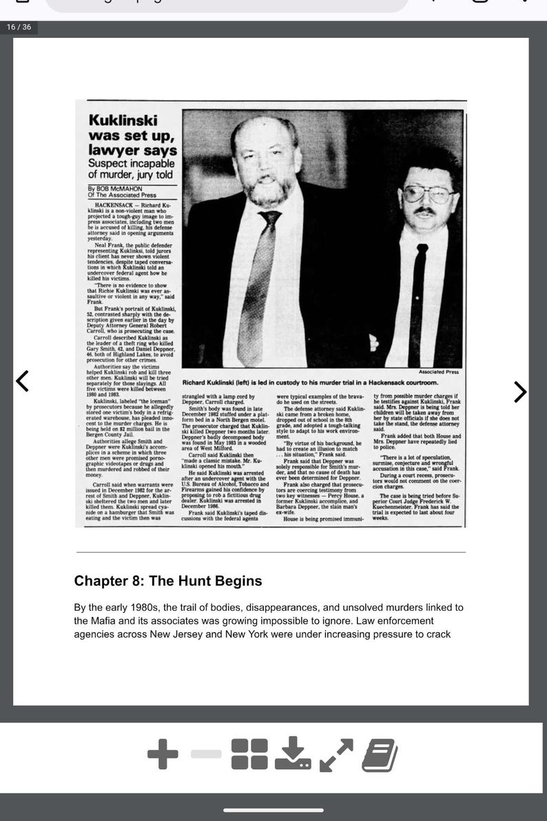 May include: A black and white newspaper cutting with the headline "Kuklinski was set up, lawyer says." The image shows two men in suits, one with a beard and the other with glasses. Text details a murder trial.