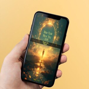 Może przedstawiać: Smartfon wyświetla tekst "NEW YEAR NEW YOU 2026" i "Whole-Life Reboot". Obraz przedstawia osobę na ścieżce prowadzącej do jasnego światła, na tle złotego, gwieździstego tła. Telefon jest trzymany w dłoni.