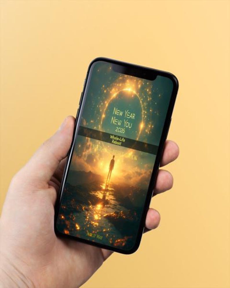 Może przedstawiać: Smartfon wyświetla tekst "NEW YEAR NEW YOU 2026" i "Whole-Life Reboot". Obraz przedstawia osobę na ścieżce prowadzącej do jasnego światła, na tle złotego, gwieździstego tła. Telefon jest trzymany w dłoni.