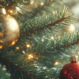 May include: Close-up of a decorated Christmas tree. The image features a gold ornament and a red ornament with glitter, hanging among green pine needles. Warm, golden lights are scattered throughout the scene, creating a festive atmosphere.