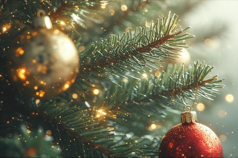 May include: Close-up of a decorated Christmas tree. The image features a gold ornament and a red ornament with glitter, hanging among green pine needles. Warm, golden lights are scattered throughout the scene, creating a festive atmosphere.