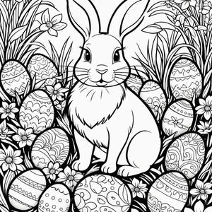 May include: A black and white line drawing of a rabbit sitting in a field of flowers and surrounded by Easter eggs. The eggs are decorated with intricate patterns.
