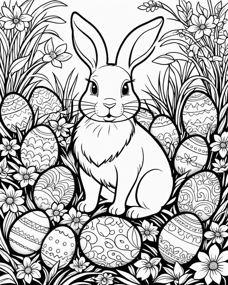 May include: A black and white line drawing of a rabbit sitting in a field of flowers and surrounded by Easter eggs. The eggs are decorated with intricate patterns.