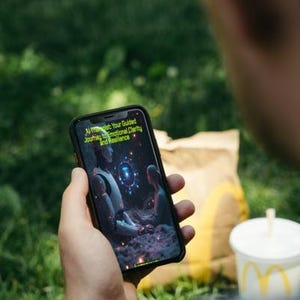 May include: A person holding a smartphone displaying an image with the text "AI Therapist: Your Guided Journey to Emotional Clarity and Resilience." The phone's screen shows a futuristic illustration with a robot and a person in a cosmic setting.