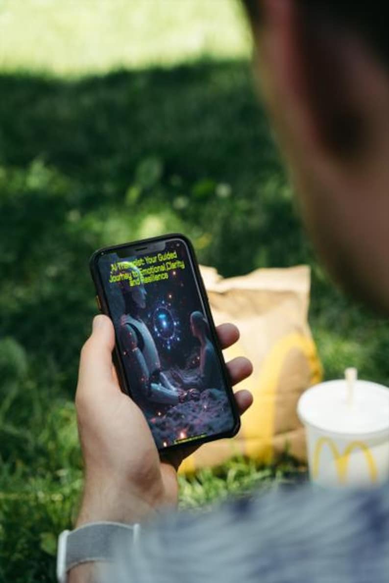 May include: A person holding a smartphone displaying an image with the text "AI Therapist: Your Guided Journey to Emotional Clarity and Resilience." The phone's screen shows a futuristic illustration with a robot and a person in a cosmic setting.