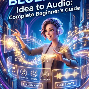 May include: A book cover titled THE AI MUSIC BLUEPRINT Idea to Audio: Complete Beginner's Guide 2026 EDITION | Full Creative Freedom. It features a person wearing headphones interacting with glowing digital interfaces showing melody, rhythm, and harmony.