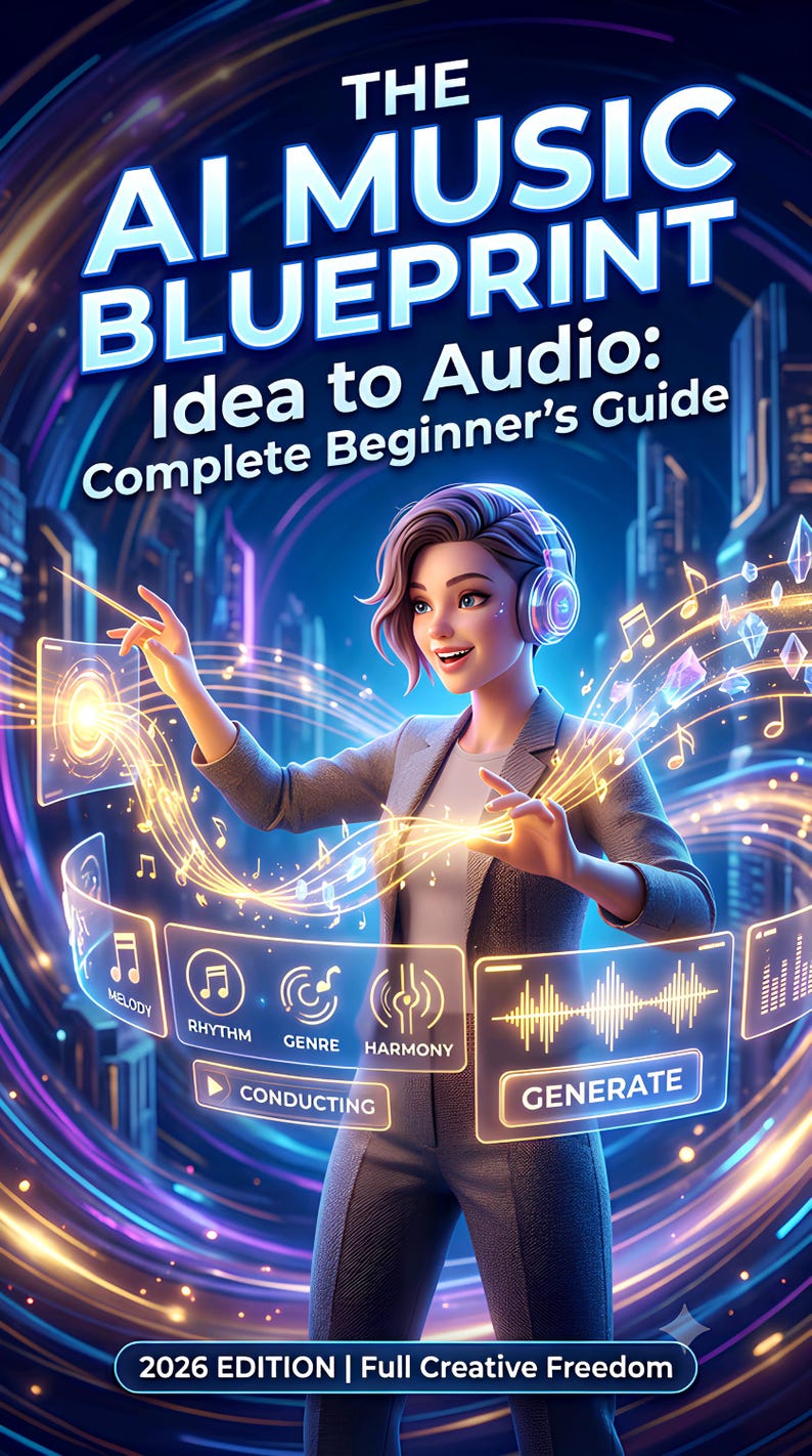 May include: A book cover titled THE AI MUSIC BLUEPRINT Idea to Audio: Complete Beginner's Guide 2026 EDITION | Full Creative Freedom. It features a person wearing headphones interacting with glowing digital interfaces showing melody, rhythm, and harmony.