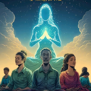May include: Digital artwork showing a tranquil scene with the text "Echo's Calm Haven" and "AI Therapy for PTSD." The image includes meditating figures, a luminous form, and lotus flowers, set against a starry backdrop.