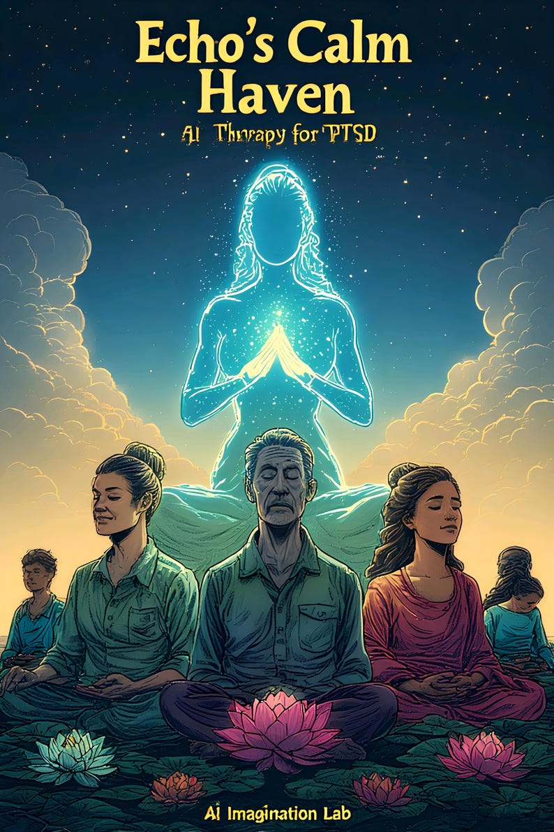 May include: Digital artwork showing a tranquil scene with the text "Echo's Calm Haven" and "AI Therapy for PTSD." The image includes meditating figures, a luminous form, and lotus flowers, set against a starry backdrop.