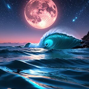 May include: A large, pink moon hangs in a dark blue sky with stars, over a large, turquoise wave crashing in the ocean.
