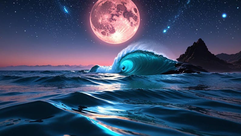 May include: A large, pink moon hangs in a dark blue sky with stars, over a large, turquoise wave crashing in the ocean.