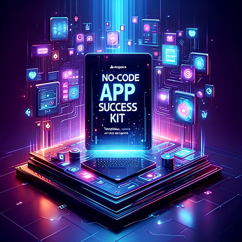 May include: A digital illustration of a tablet with the text "NO-CODE APP SUCCESS KIT" in white. The tablet is surrounded by glowing digital icons and lines, with a dark blue and purple color scheme. The image has a futuristic, tech-focused theme.