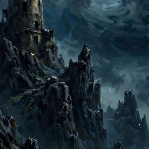 K&ouml;nnte beinhalten: Ein dunkler, verwitterter Steinturm thront auf einem zerkl&uuml;fteten Berggipfel unter einem turbulenten, st&uuml;rmischen Himmel. Die Szene ist in tiefen Kohle-, Schiefergrau- und ged&auml;mpften Blaut&ouml;nen gehalten, mit wirbelnden Wolken um die hohen Felsklippen.