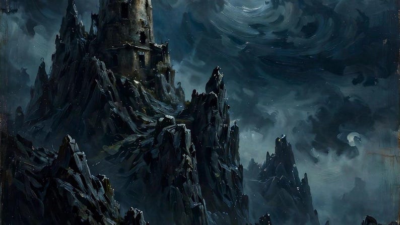 K&ouml;nnte beinhalten: Ein dunkler, verwitterter Steinturm thront auf einem zerkl&uuml;fteten Berggipfel unter einem turbulenten, st&uuml;rmischen Himmel. Die Szene ist in tiefen Kohle-, Schiefergrau- und ged&auml;mpften Blaut&ouml;nen gehalten, mit wirbelnden Wolken um die hohen Felsklippen.