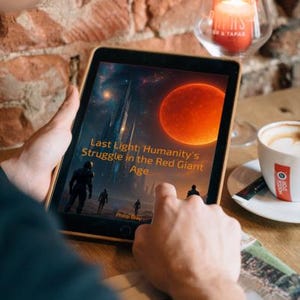 May include: A person holding a tablet displaying the book cover of "Last Light; Humanity's Struggle in the Red Giant Age" by Philip Wray. The cover art features a red planet and futuristic figures. A cup of coffee and a lit candle are also visible.