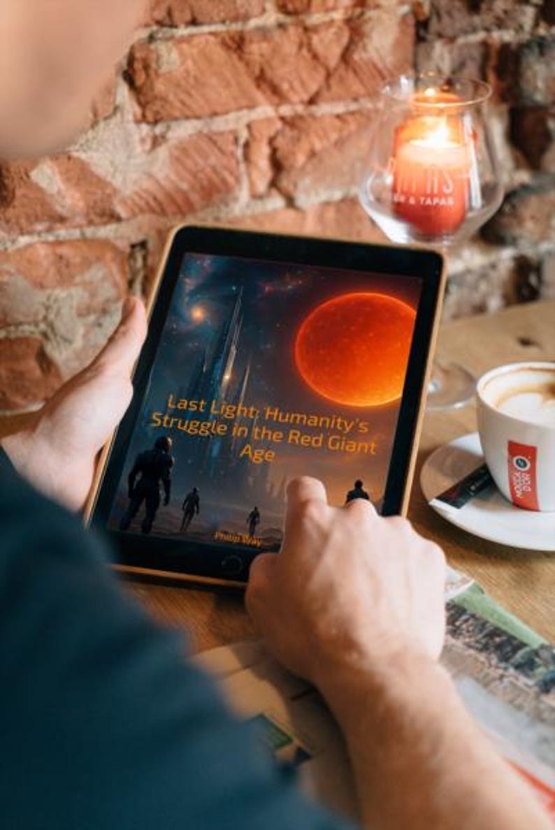 May include: A person holding a tablet displaying the book cover of "Last Light; Humanity's Struggle in the Red Giant Age" by Philip Wray. The cover art features a red planet and futuristic figures. A cup of coffee and a lit candle are also visible.