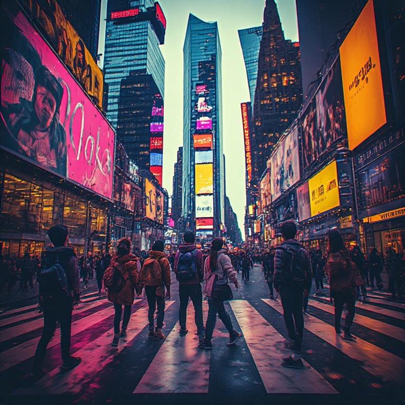 May include: A vibrant street scene in a city with towering skyscrapers and bright billboards. Pedestrians cross a zebra-striped crosswalk. The image is filled with colorful lights and signs, creating a bustling urban atmosphere.
